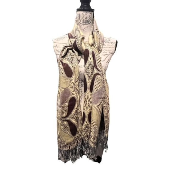 Pashmina Paisley Scarf Shawl Wrap Neutrals Fringe BOHO Preppy Coastal 26 x 74" - Picture 1 of 6